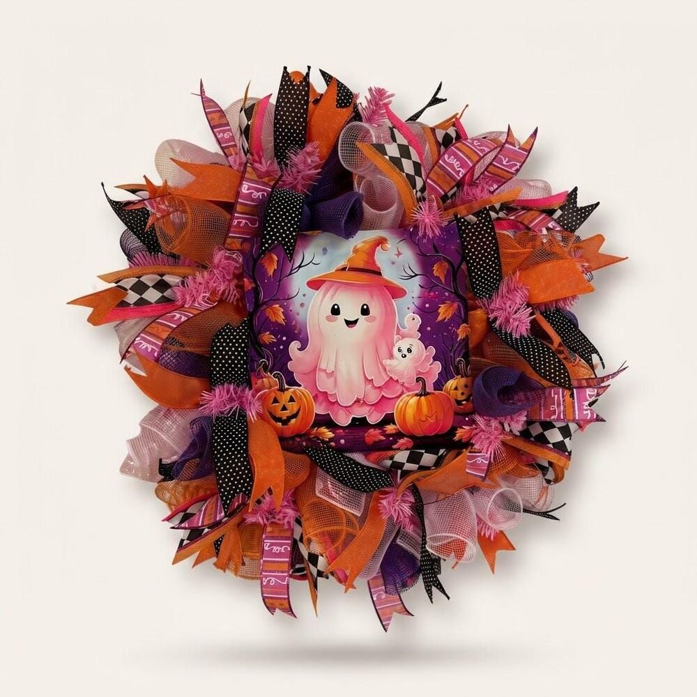 Pink Ghost Halloween Wreath | Cute Pastel Ghost Decor | Halloween Front Door